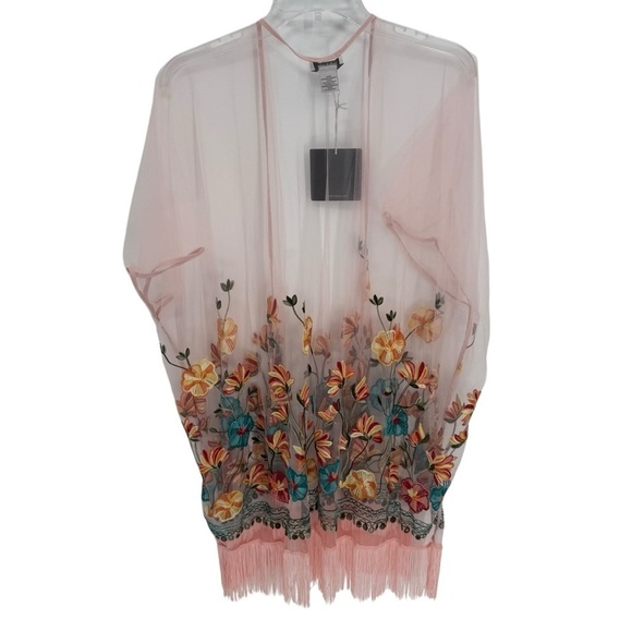 Haute Hippie Pink Mesh Floral Embroidered Fringe NWT Festival Kimono One Size - Picture 3 of 11